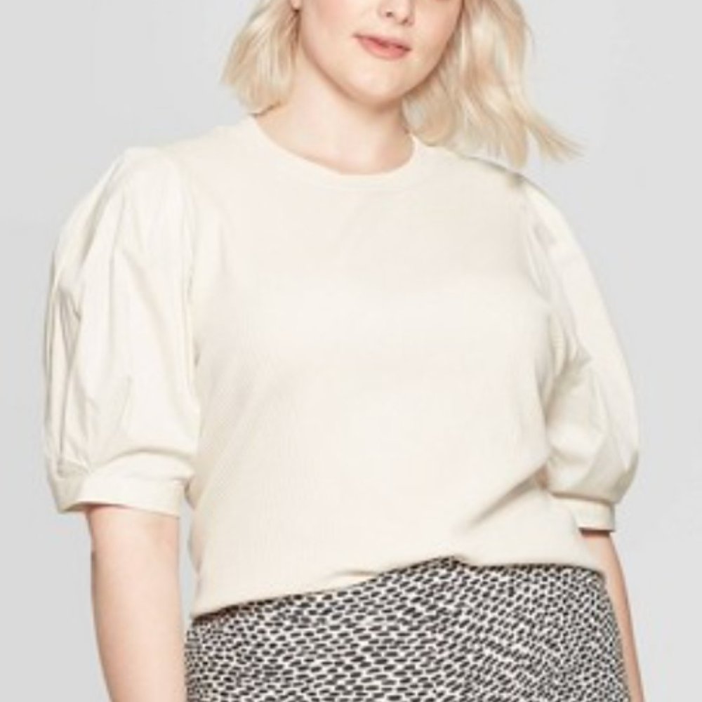 WHO WHAT WEAR beige muslin puff sleeve top XL